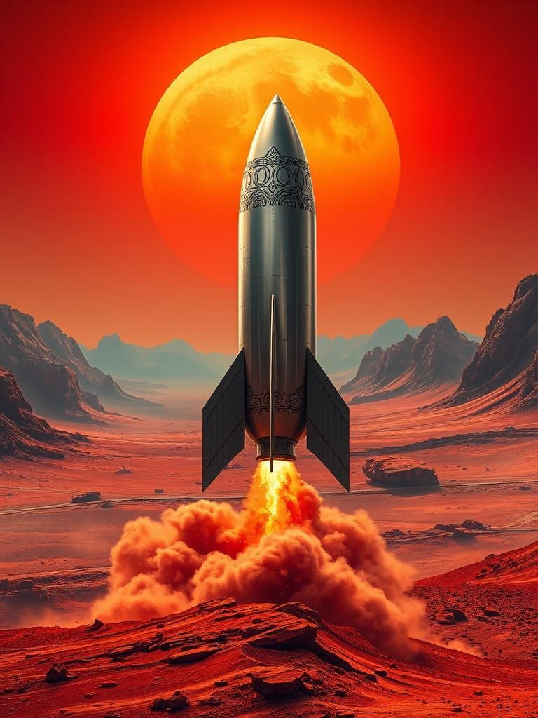 Art Deco Rocket Touches Down on Mars in Stunning 8k Matte Pa...