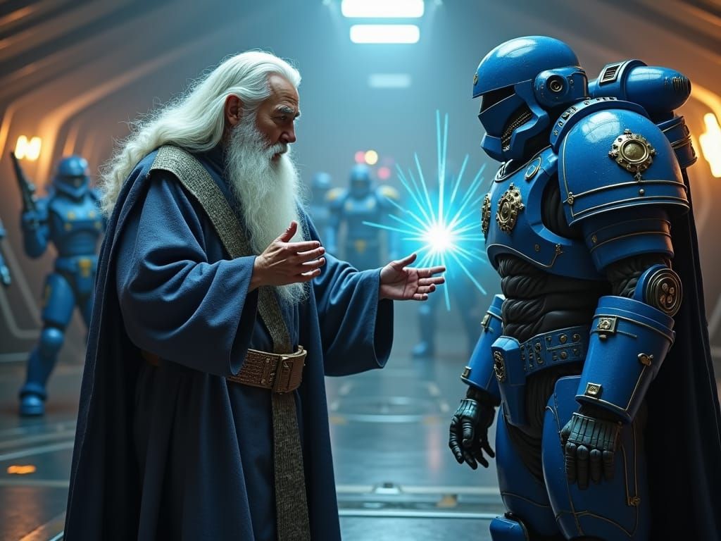 wizard Gandalf talking with a space marine
