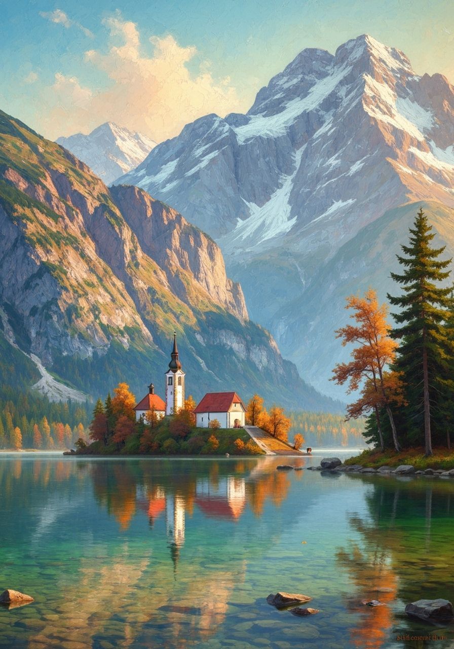 Alpine Lake at Sunrise: Romantic Oil Painting