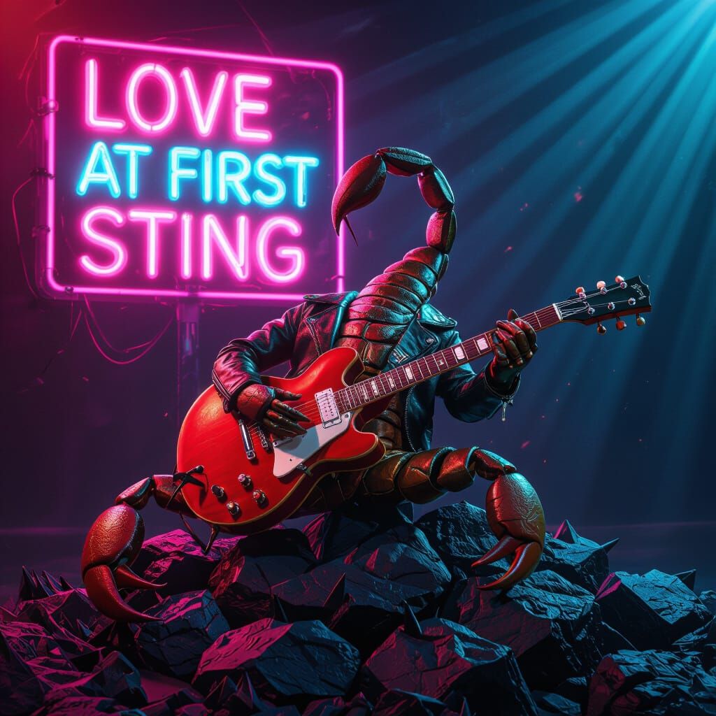 Scorpion Rocker Shreds Guitar Under Neon Sign