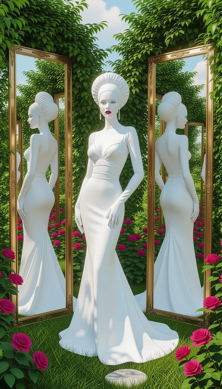 Albino Woman in Infinite Mirror Garden, Art Deco Style