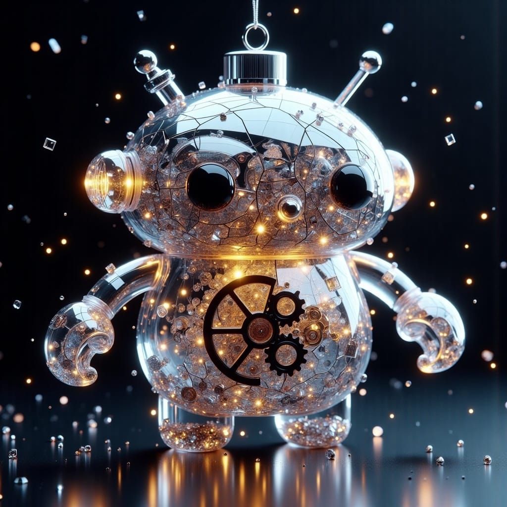 Glass Robot Ornament with Gears in Cracked Glass Style