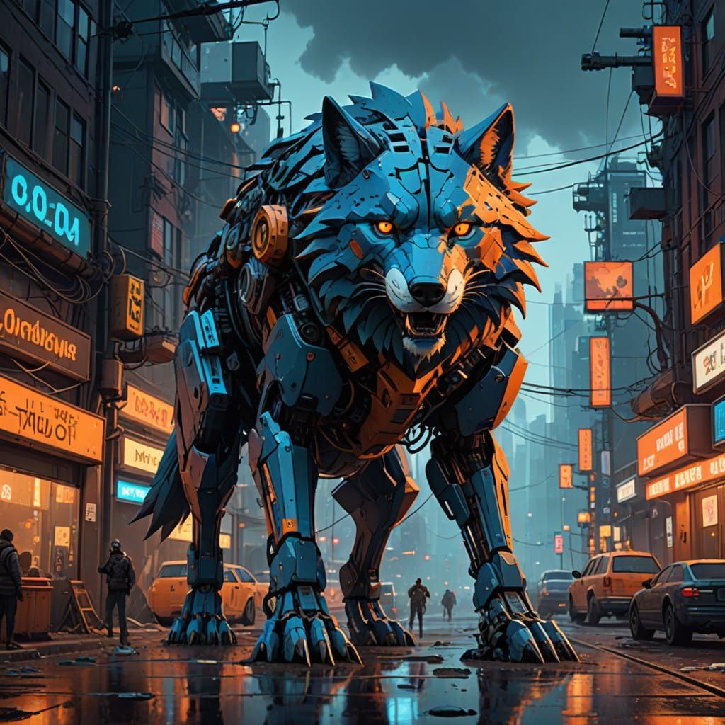 Mechanical Wolf in Vibrant, Futuristic Landscape