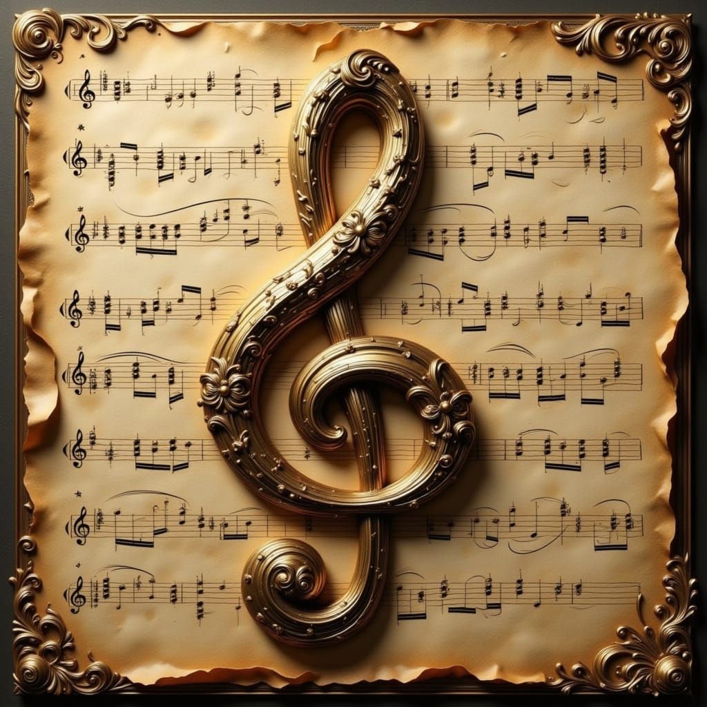 Ornate Treble Clef Rises from Textured Surface in Gold and B...