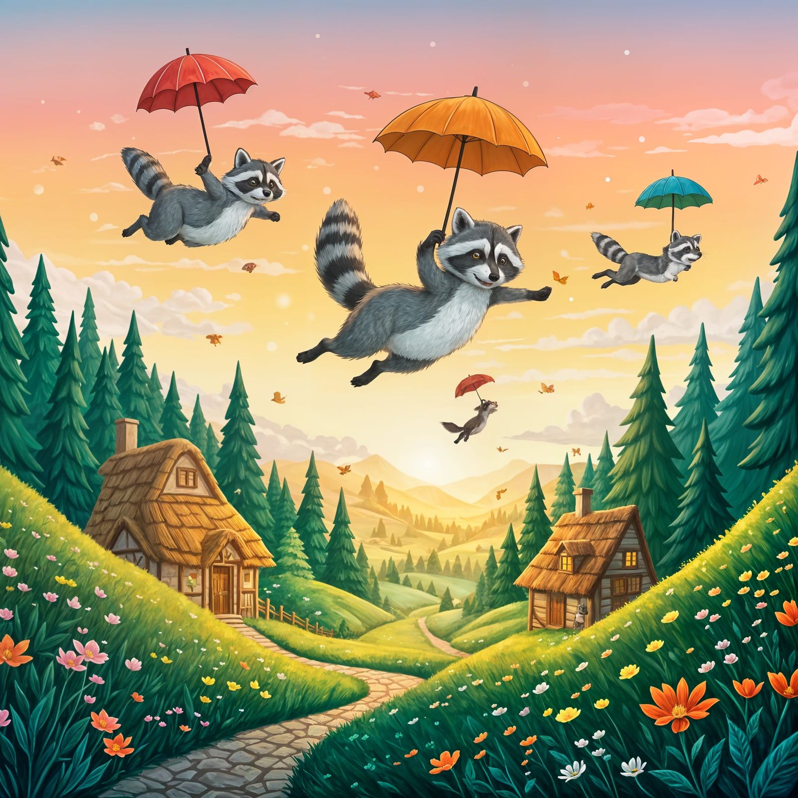 Whimsical Raccoons Soar with Colorful Umbrellas in a Magical...