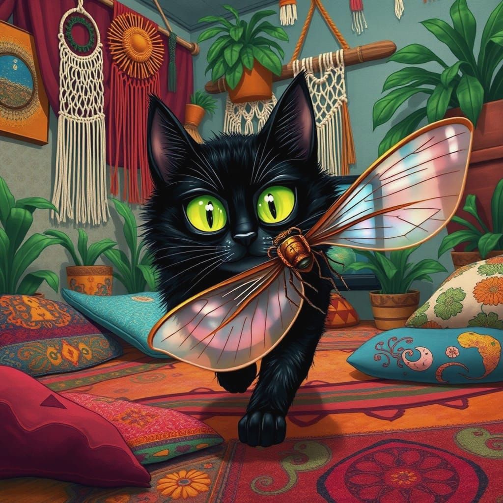 Whimsical Boho Bedroom Scene of a Cat Chasing a Monster Fly
