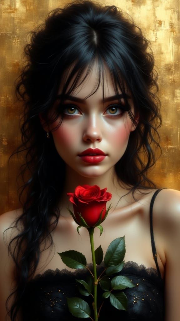 Pale Woman with Red Rose in Oil Painting Style