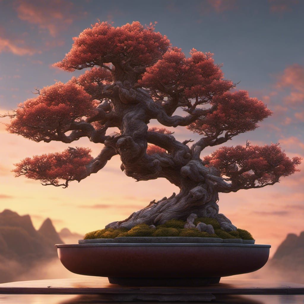 Bonsai Tree at Sunrise: Detailed Matte Painting