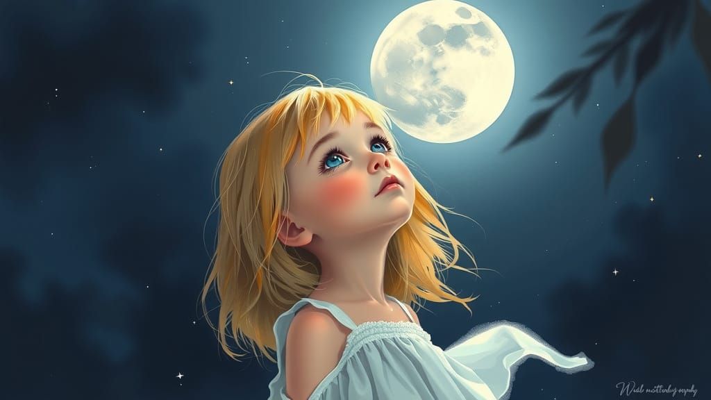 Girl Gazing at Moon in Ethereal Fantasy Art Style