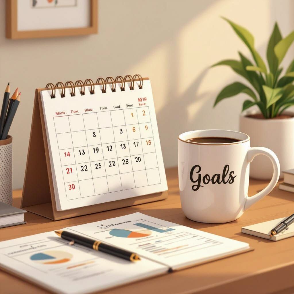 Organized Desk with Goals, in Illustrative Style
