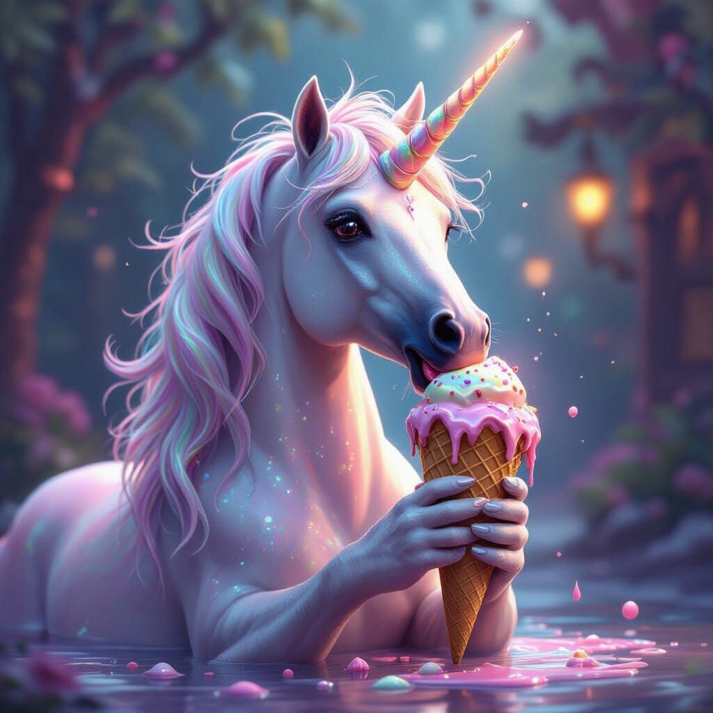Unicorn Eating Ice Cream with Glowing Horn in Fantasy Art St...