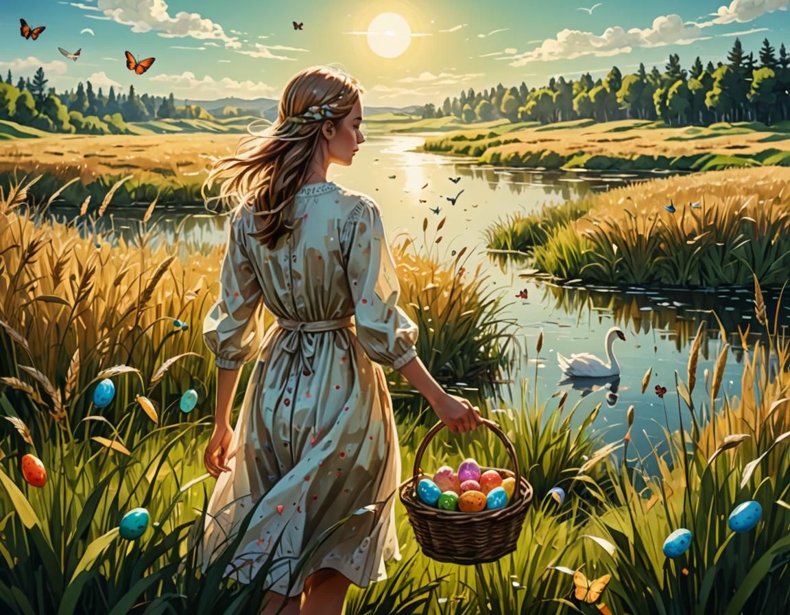 Girl in Meadow with Easter Eggs: Ink Drawing