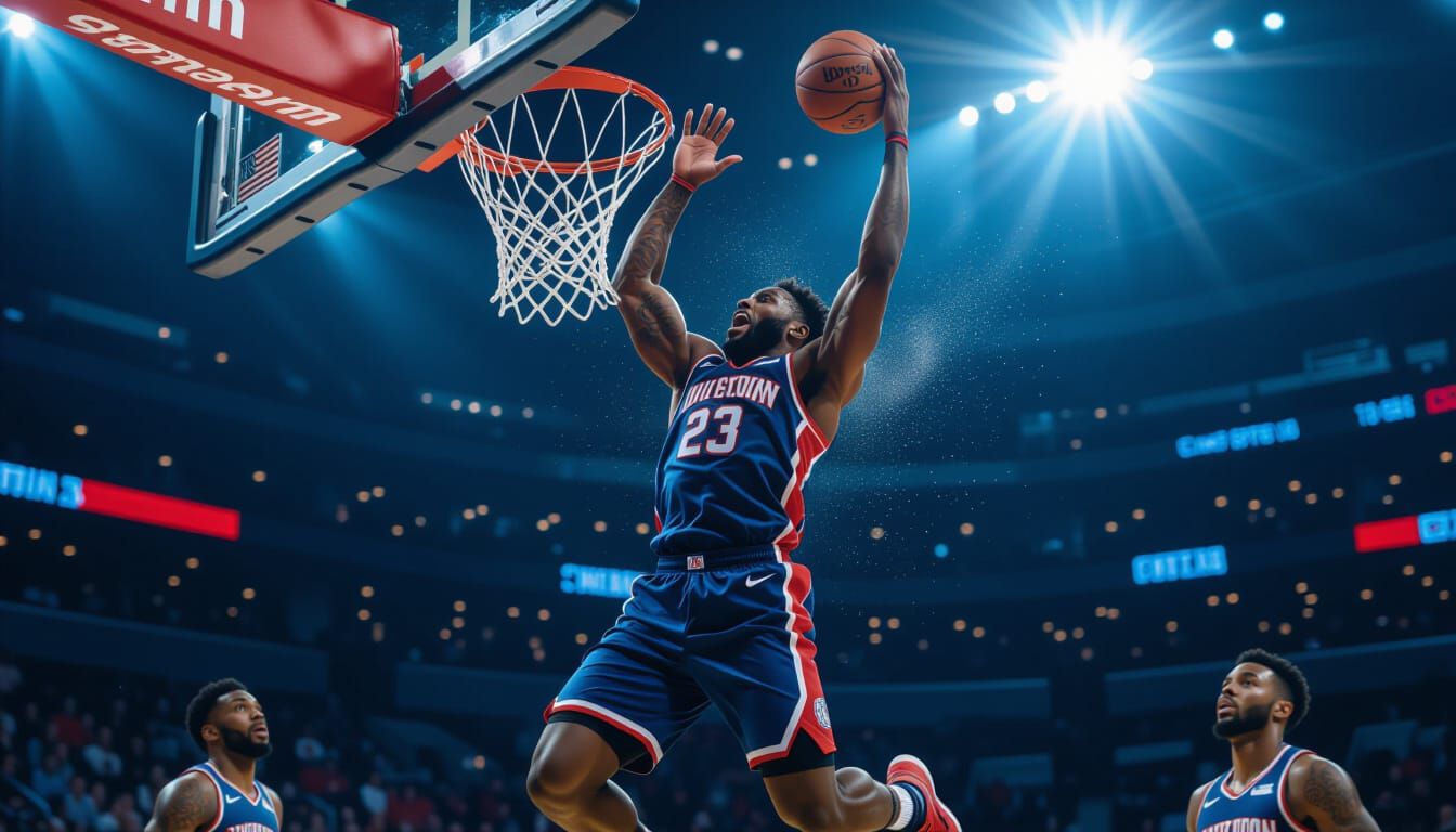 Dynamic Alley-Oop Slam Dunk in Photorealistic Style