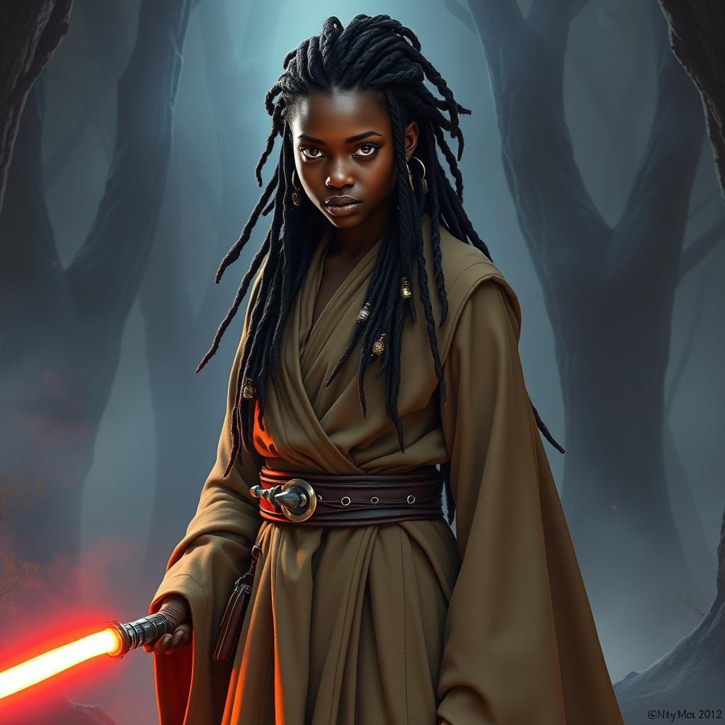 Jedi Woman with Lightsaber in Alien Forest