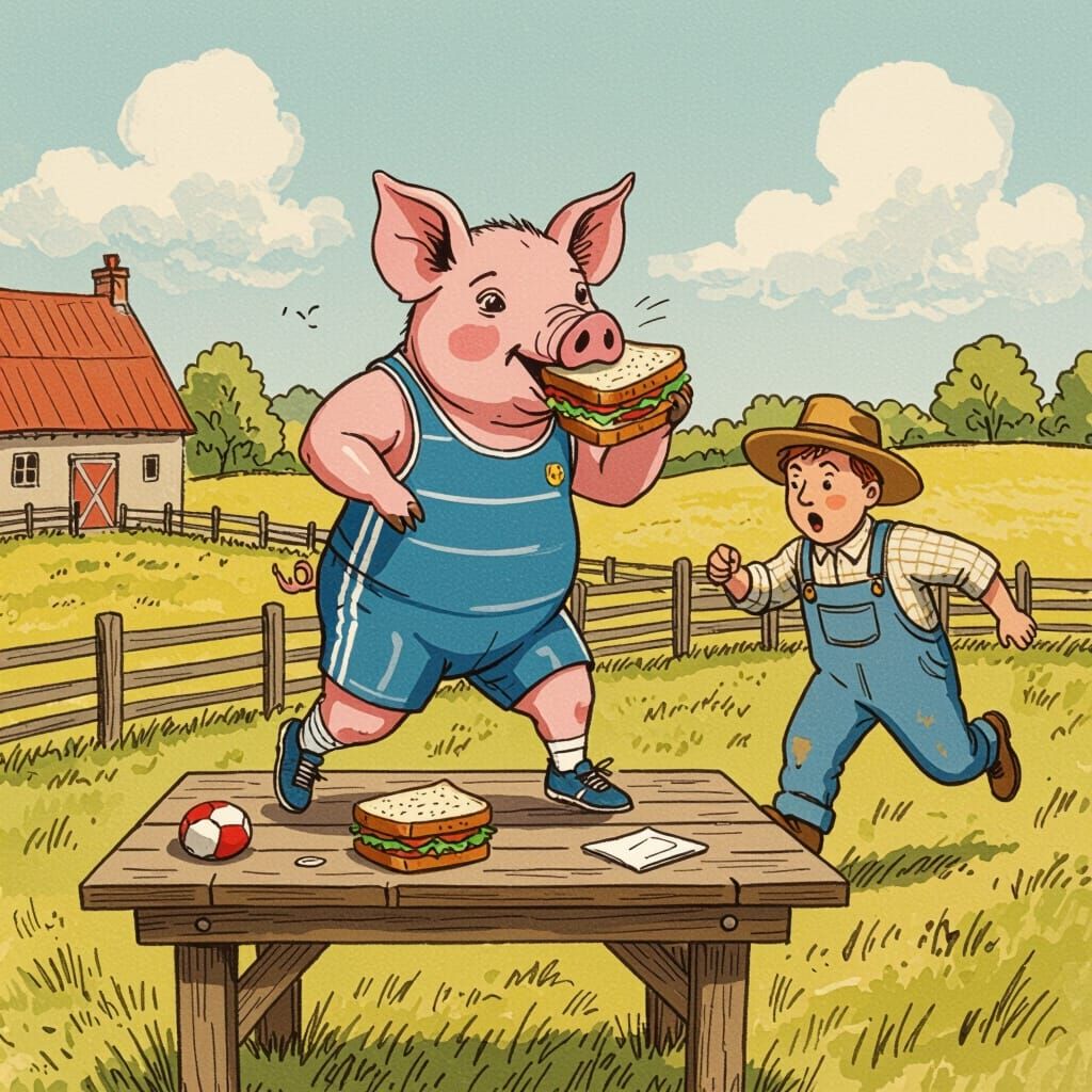 Whimsical Pig Athlete Eats Sandwich on Table While Farmer Ch...