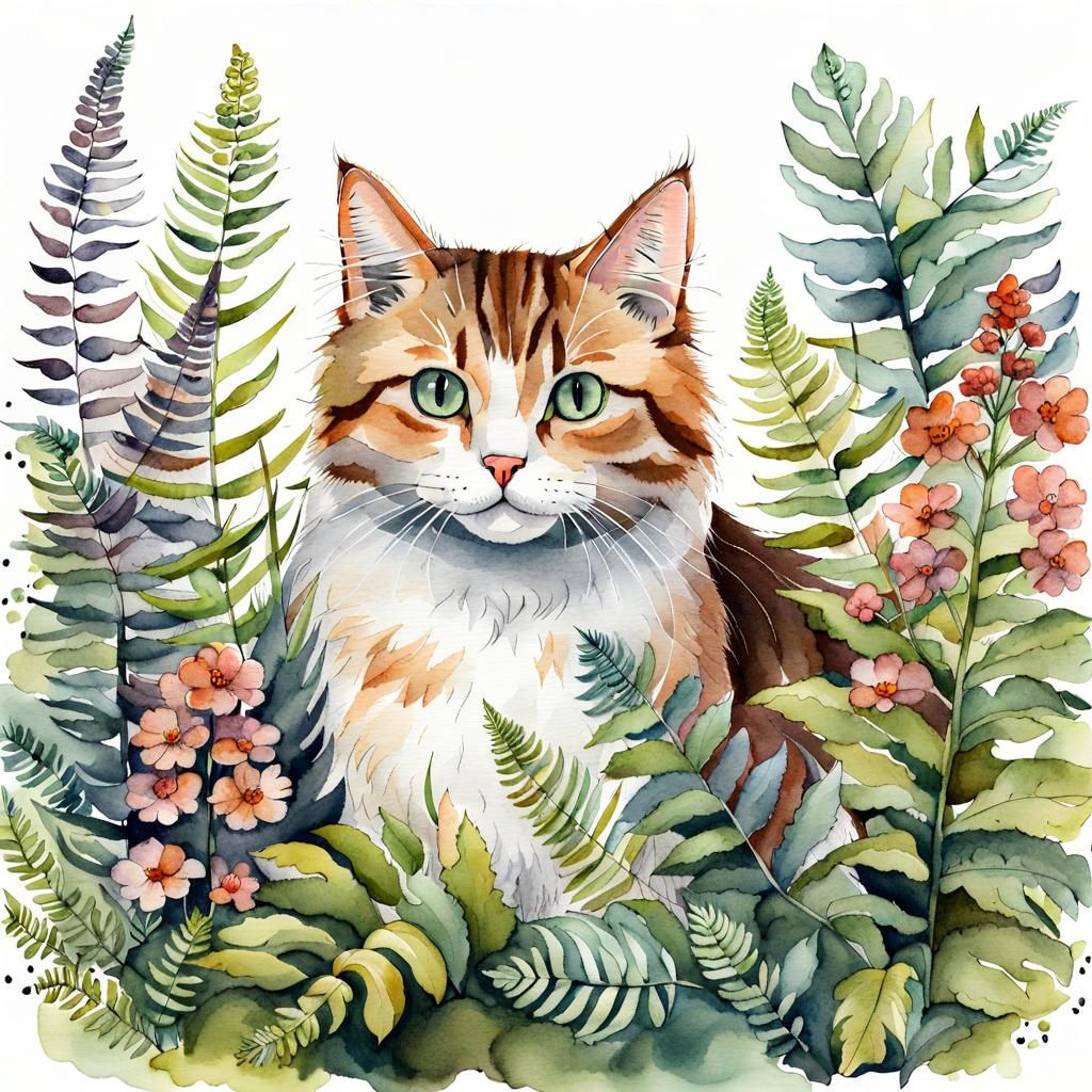 Cute Fluffy Cat in Forest: Watercolor Ink Drawing