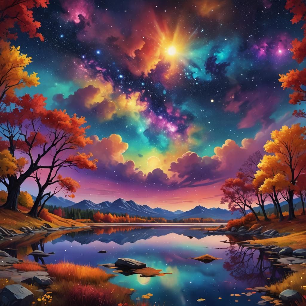 Autumnal Galaxy Sky Reflecting in Lake: Fauvism Style