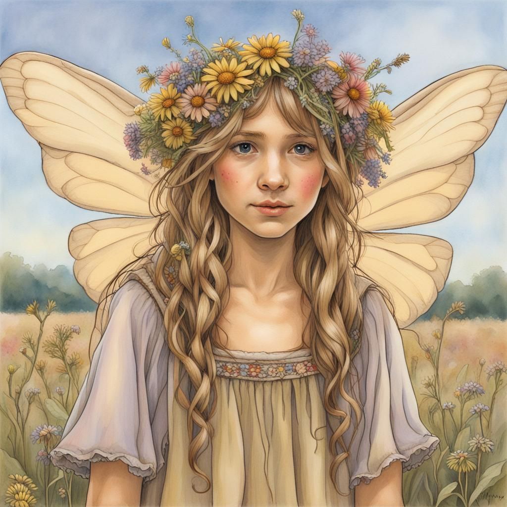 Festival Flower Fairy in Pen and Watercolour Style