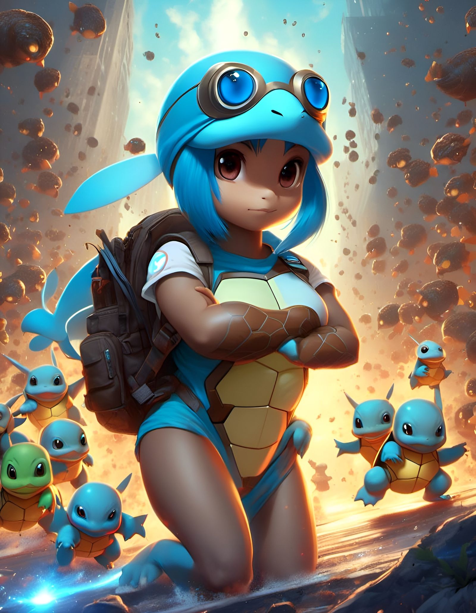 Humanoid Squirtle Girl in Digital Art Style