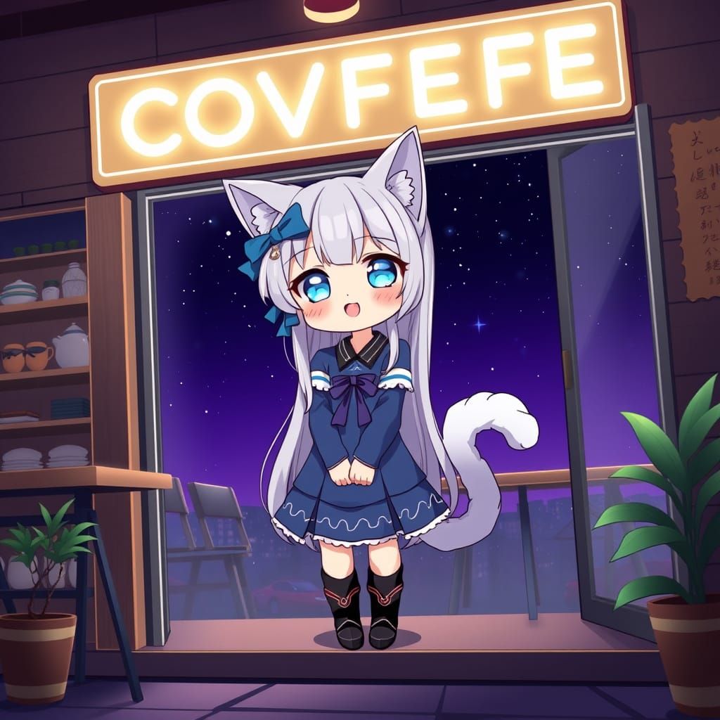 Whimsical Anime Catgirl Surfs Nighttime COVFEFE Coffee Shop