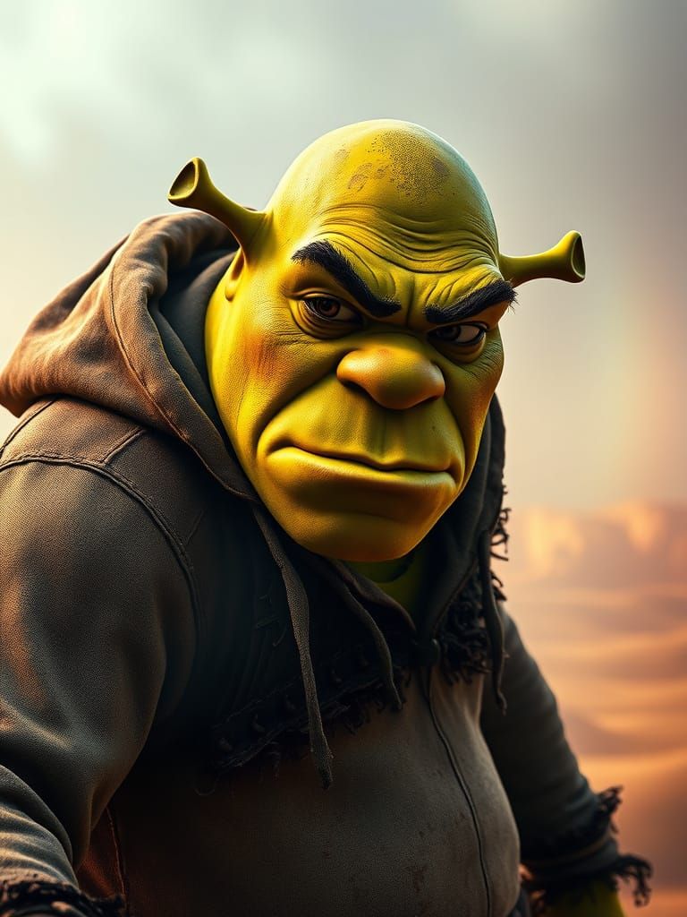 Ogre Hero Emerges from Desert Fog in Hyperrealistic Style