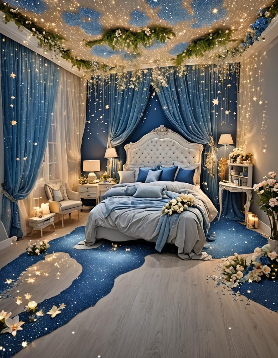 Dreamy Starry Bedroom with Waterfall and Flowers