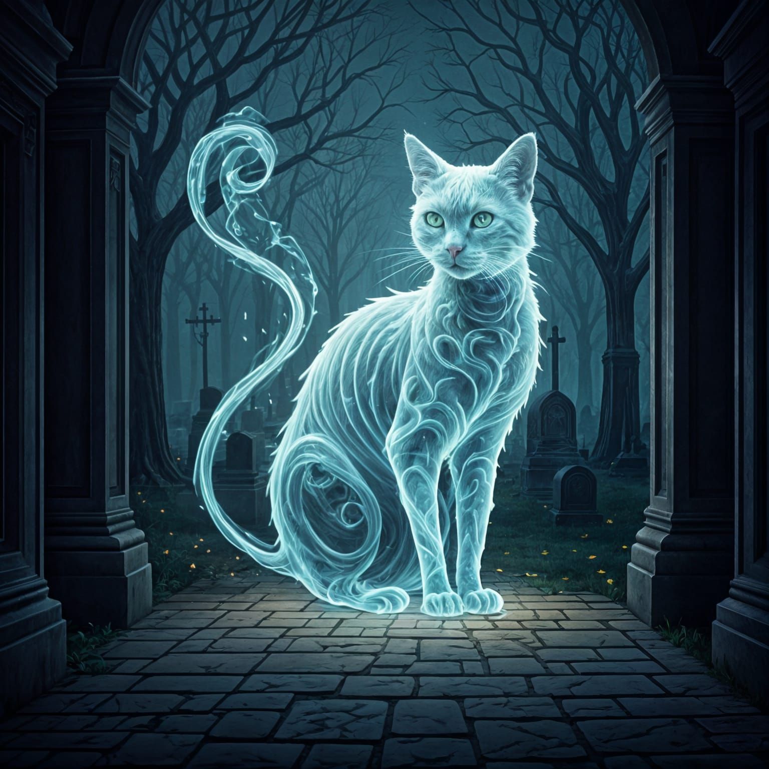 Ethereal Ghost Cat in Cemetery Art