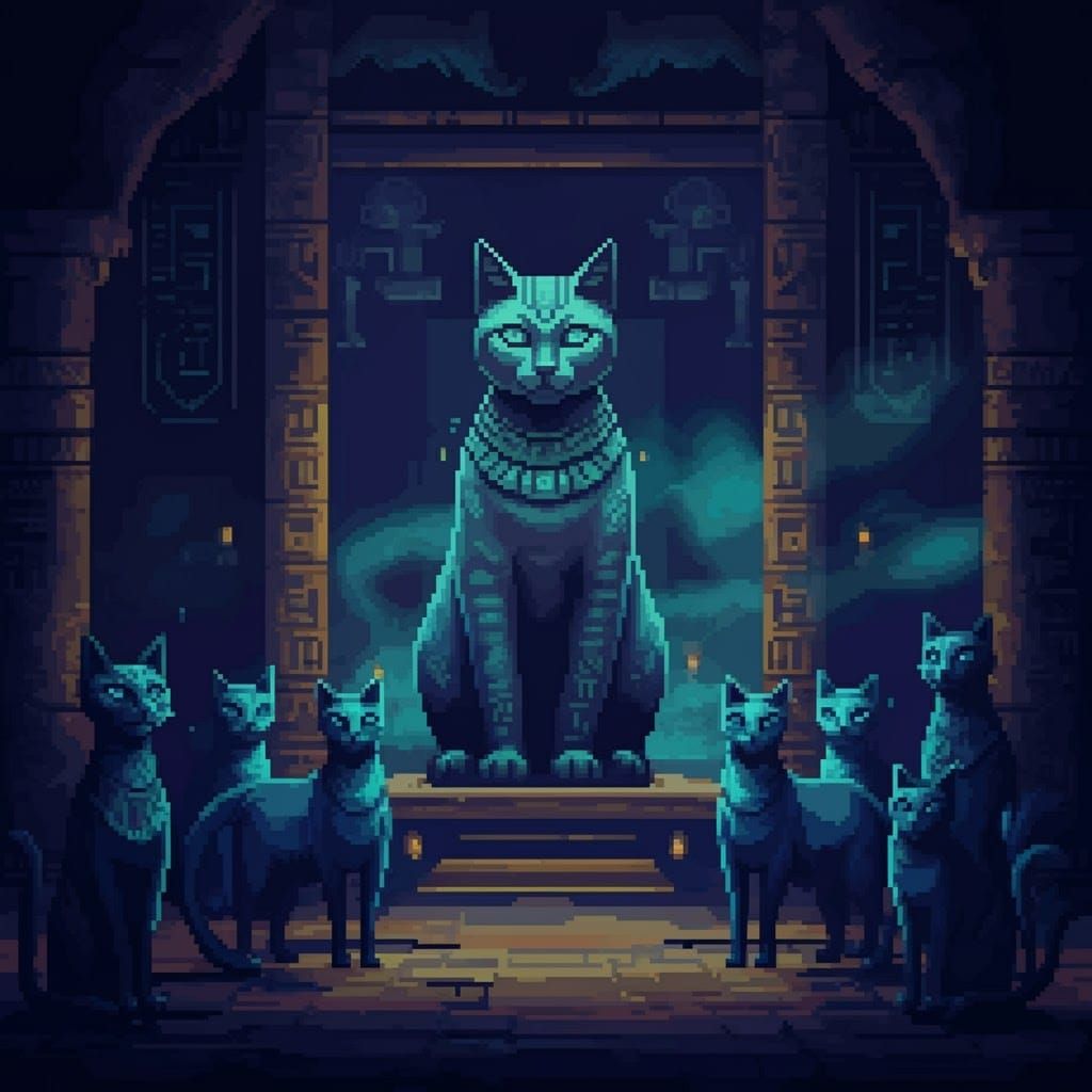 Mystical Cat Deity in 8-Bit Temple
