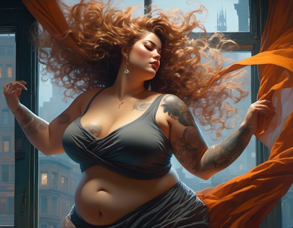 Curvy Woman Dancing with Sheet and Tattoos