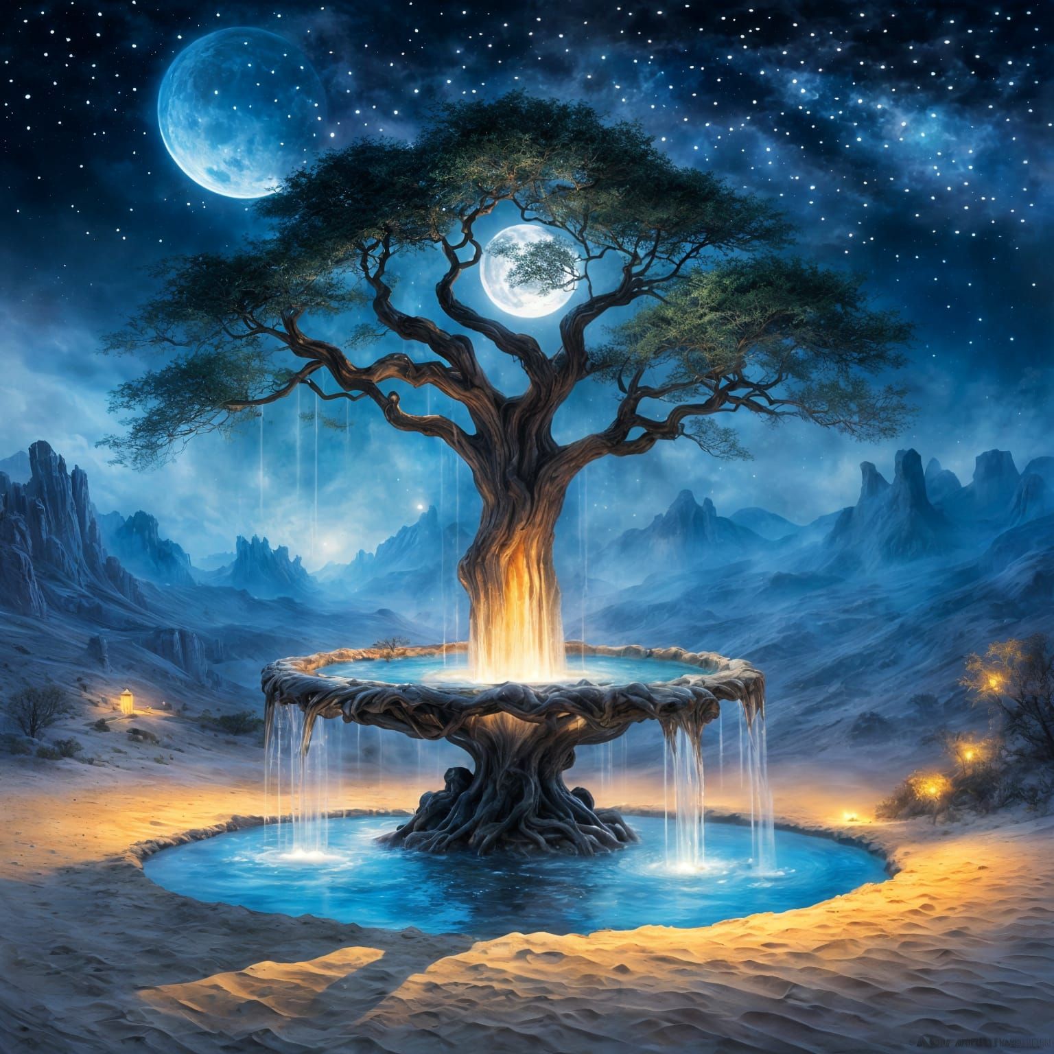 Desert Fountain Bathed in Moonlight, in Ethereal Style