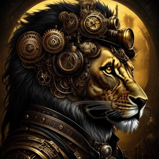 Steampunk Lion with Intricate Mechanical Details