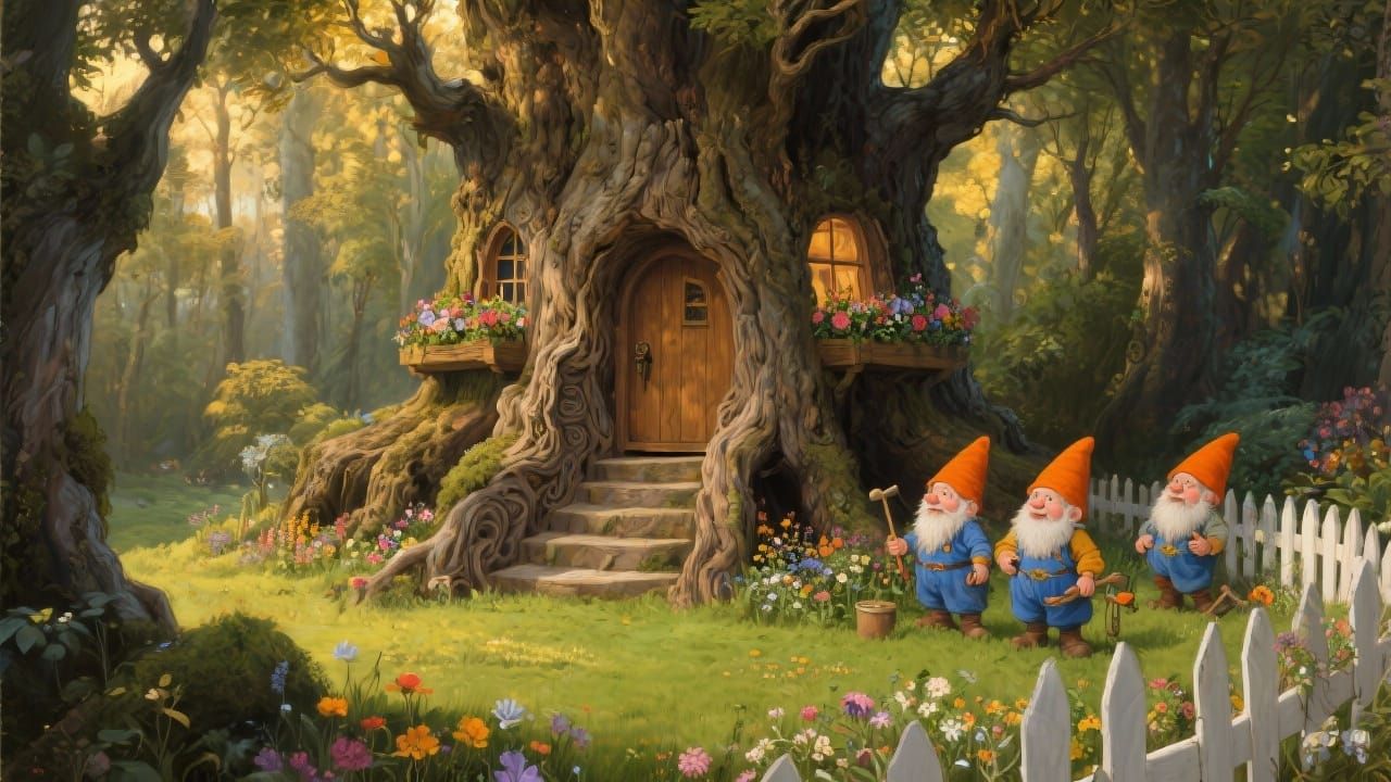 Renaissance Painting of Whimsical Gnome Home in Enchanted Fo...