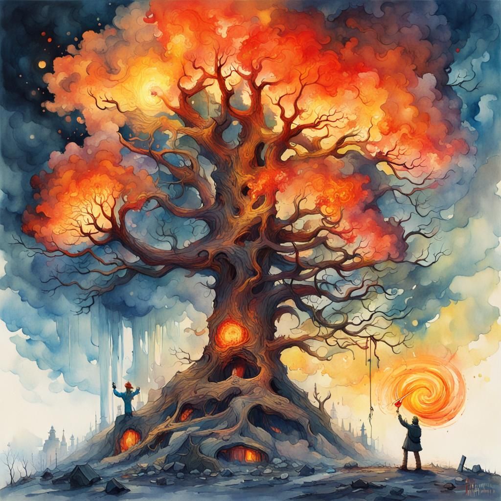 Burning Tree in Giant's Hand: Watercolour Fantasy