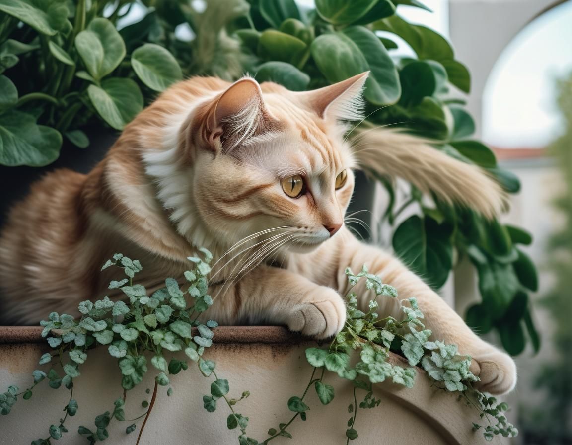 Blonde Cat Relaxing in Planter: Watercolor Masterpiece