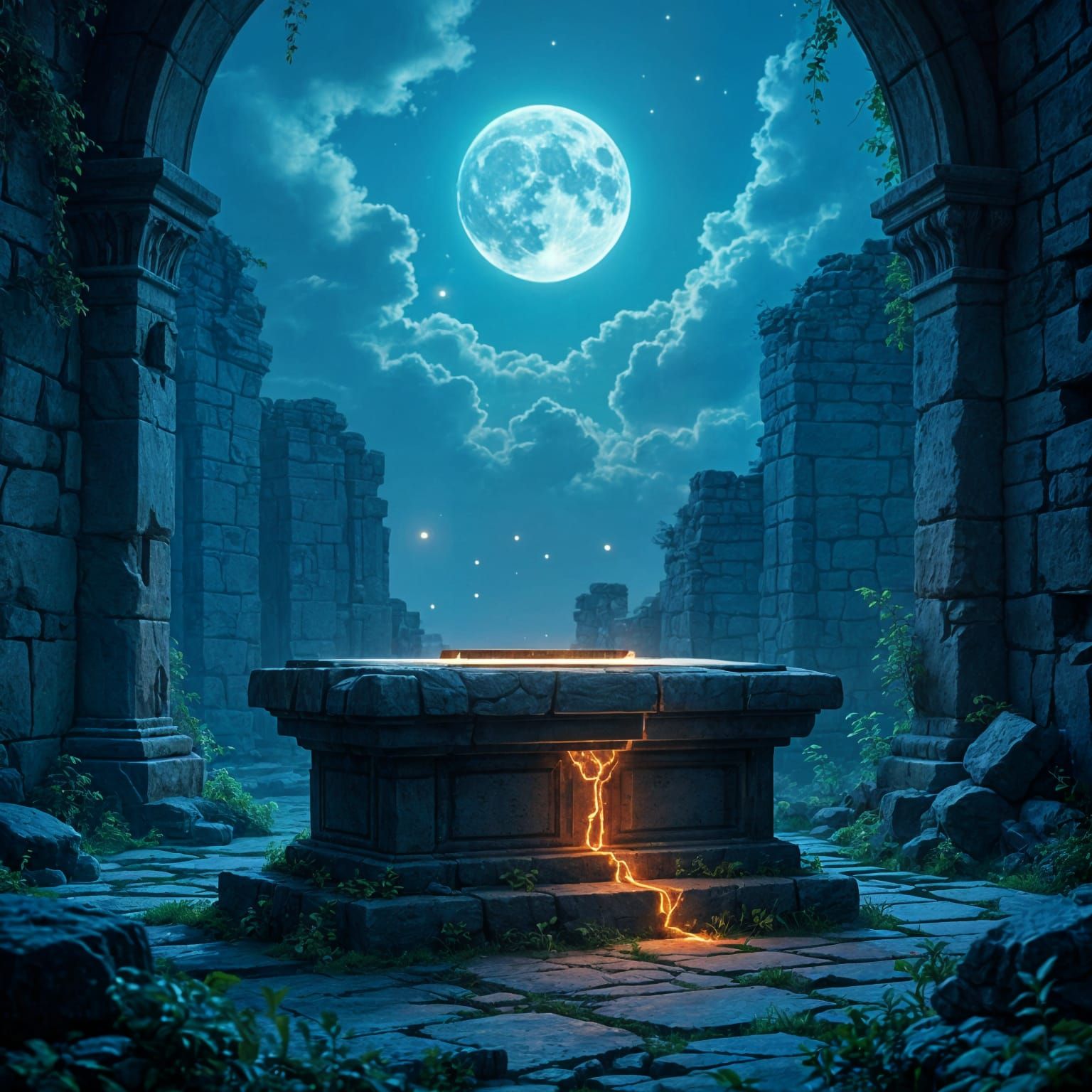 Ancient Pencil on Altar in Ruined Temple with Glowing Circui...