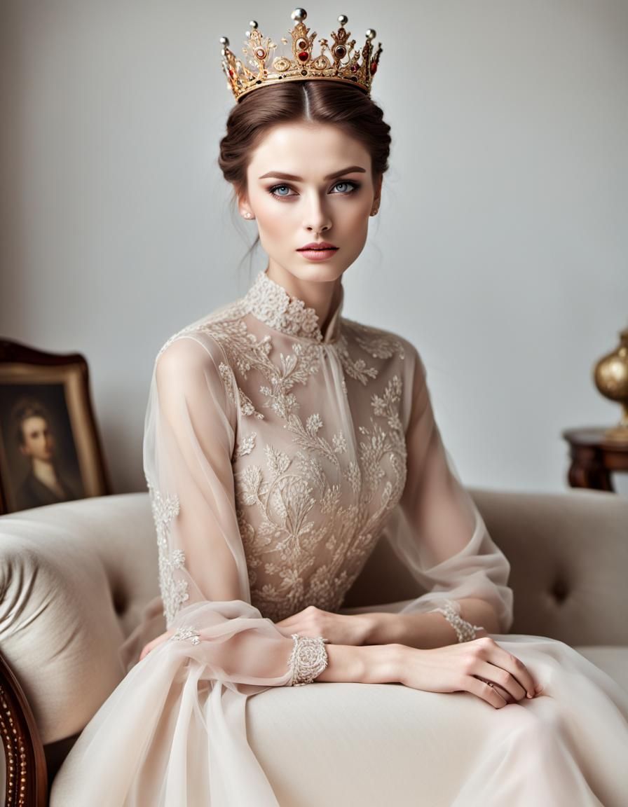 Elegant Model with Crown in Boudoir Setting