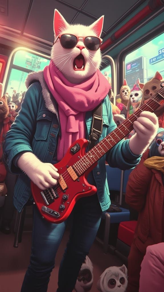 Cat Guitarist on Bus in Saturated Colors