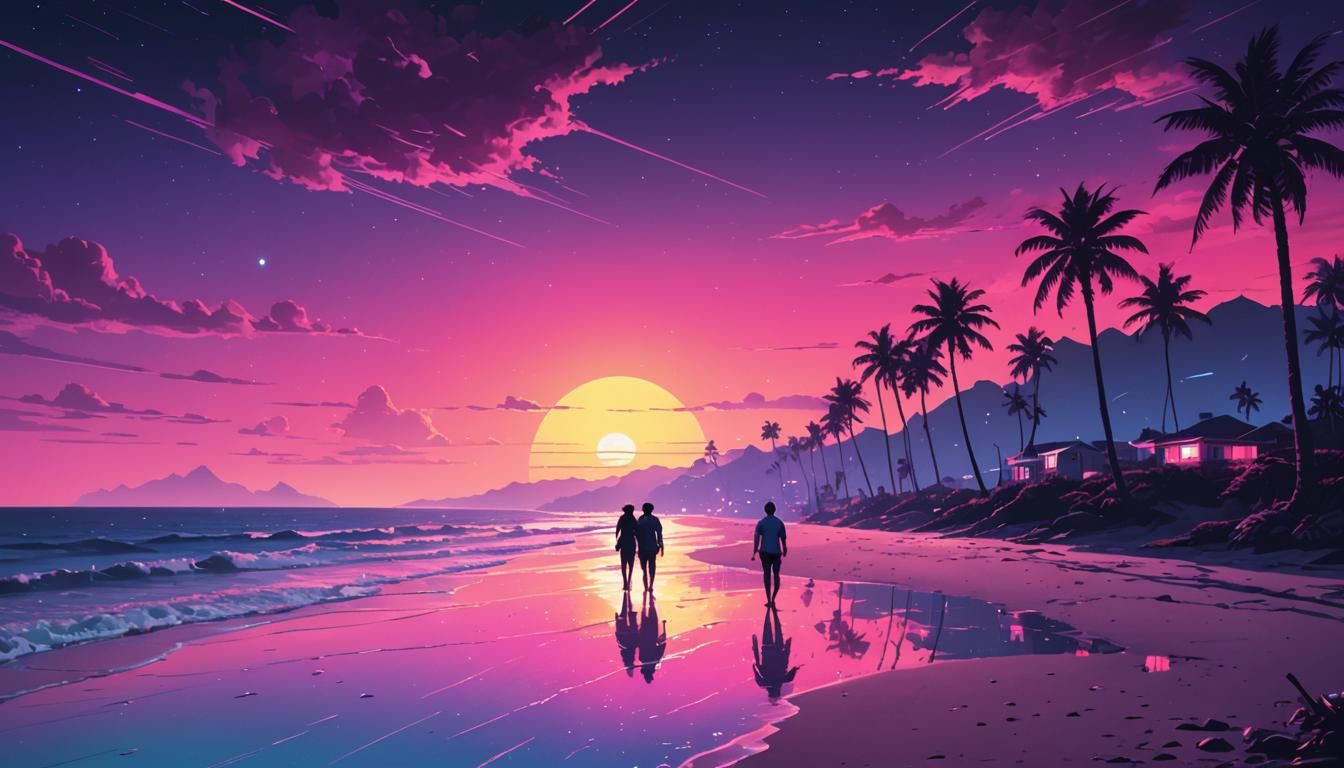 Romantic Beach Walk in Synthwave Style