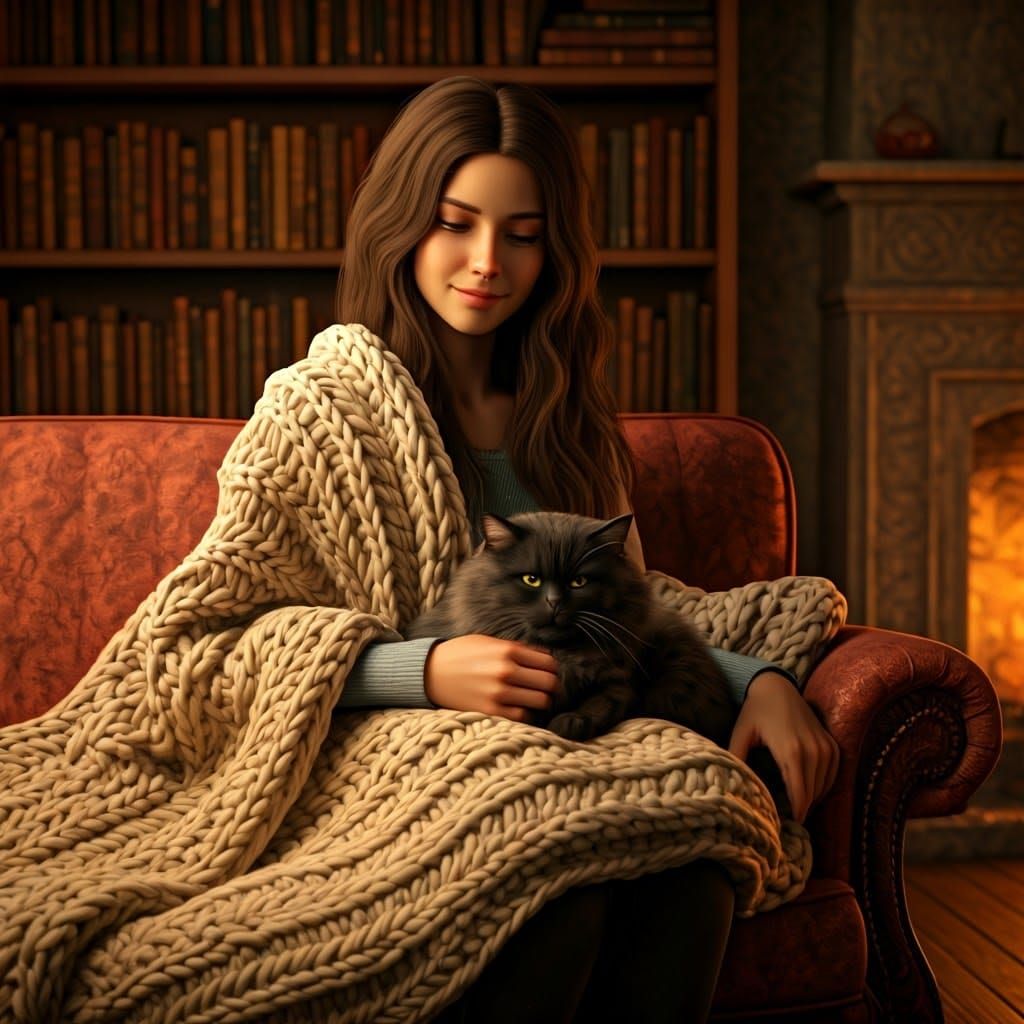 Cozy Hearth Scene with Woman and Cat