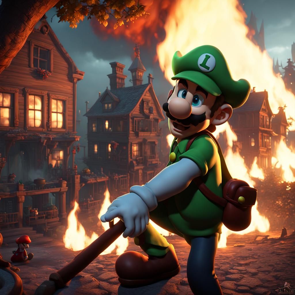Luigi and Mario in Creepy Haunted Town: 3D Digital Art