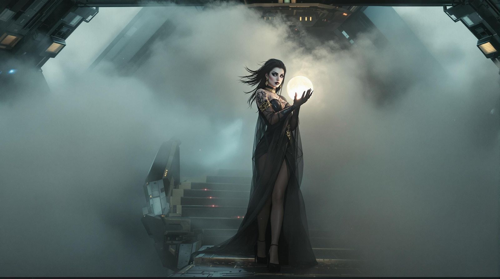 Futuristic Sorceress with Crystal Ball in Cinematic Style