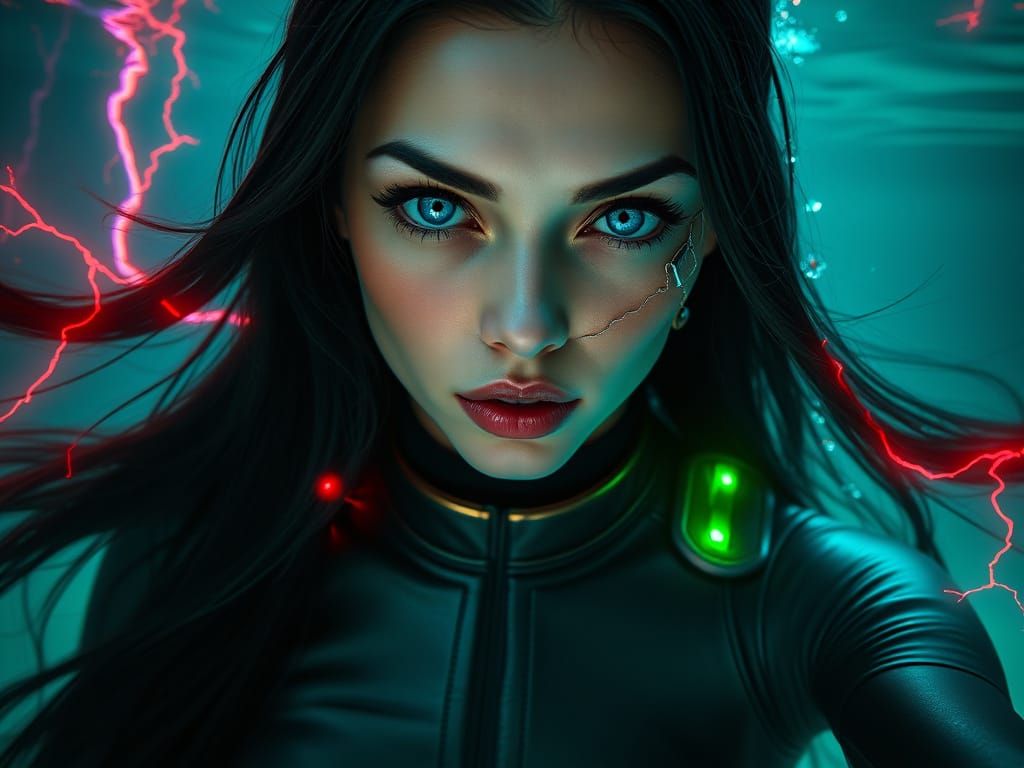 Glowing Cyber Goddess with Neon Green Skin and Laser Eyes