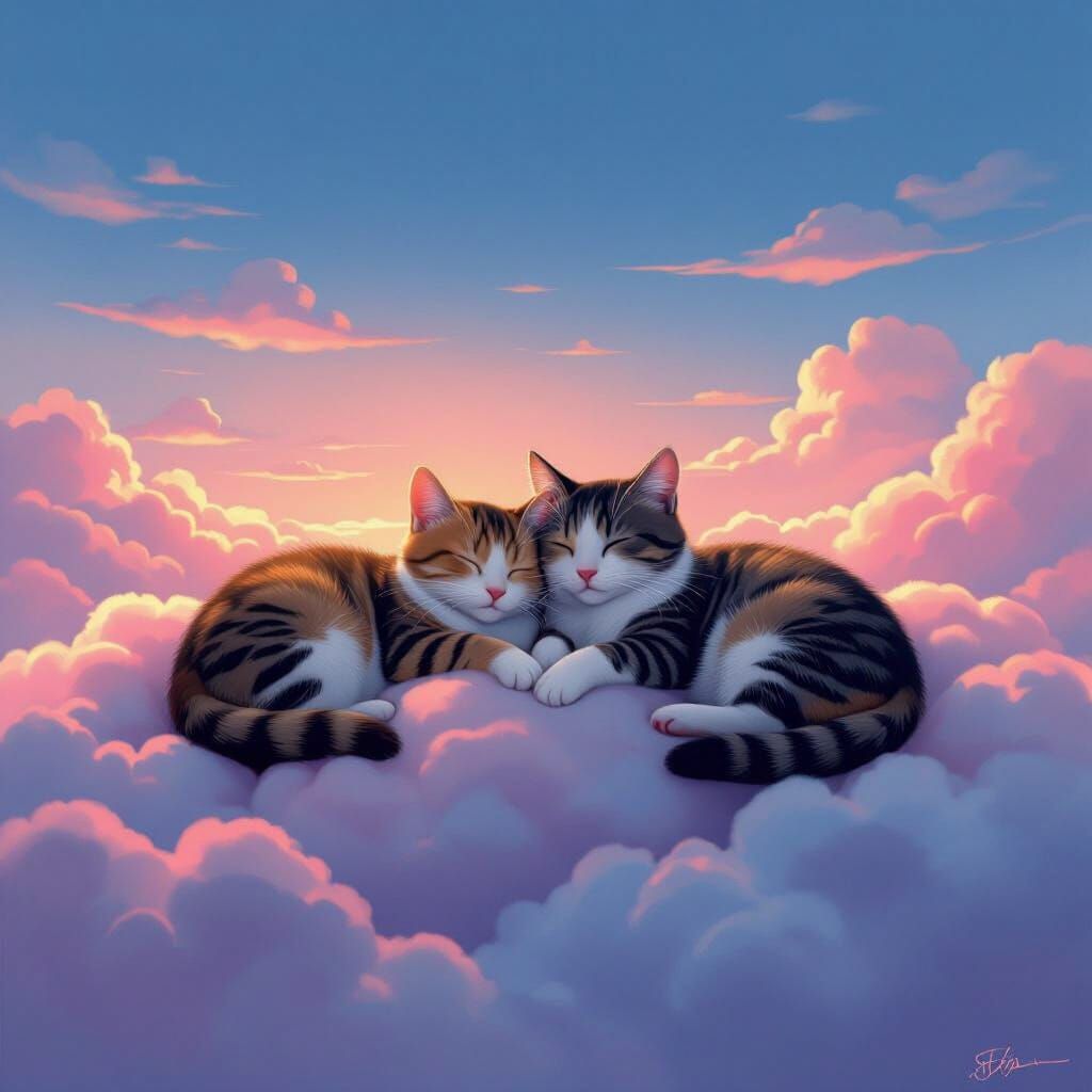 Tabby Cats Napping on Pink and Blue Clouds
