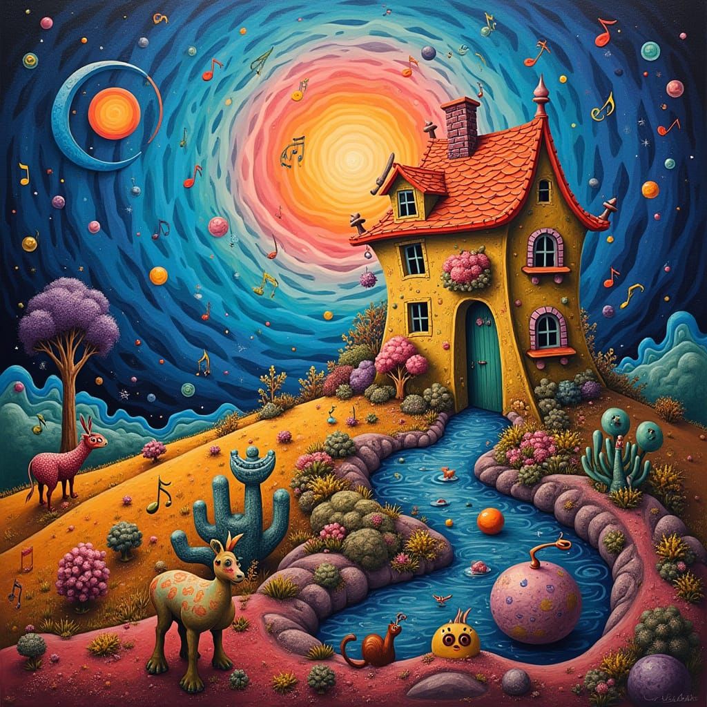 Surreal Geoglyph House with Vibrant Animals and Swirling Sou...
