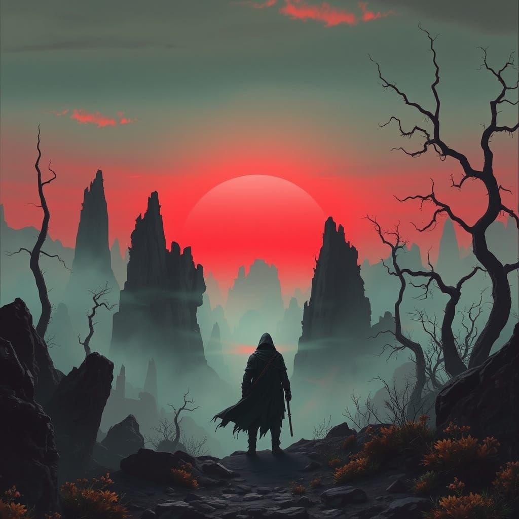 Alien Wanderer Silhouetted in a Dark Fantasy Landscape