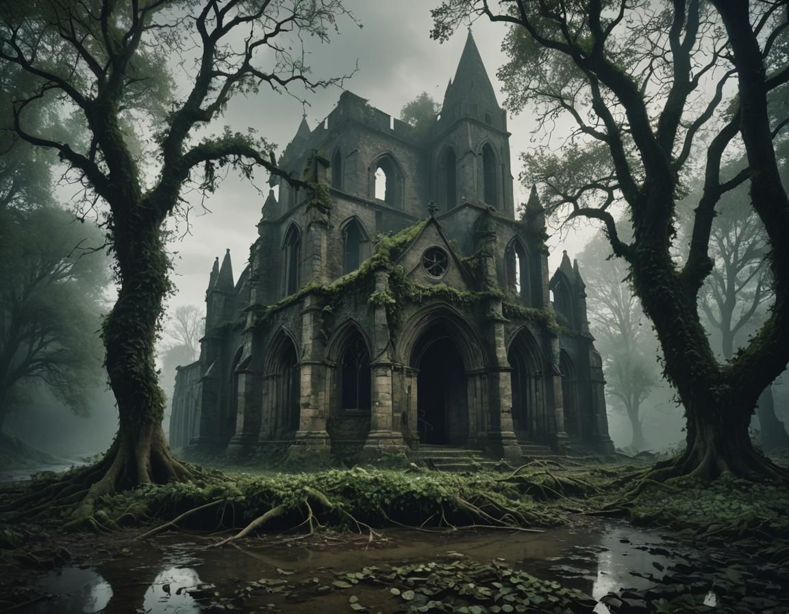 Ruined Gothic Church by River in Ominous Light
