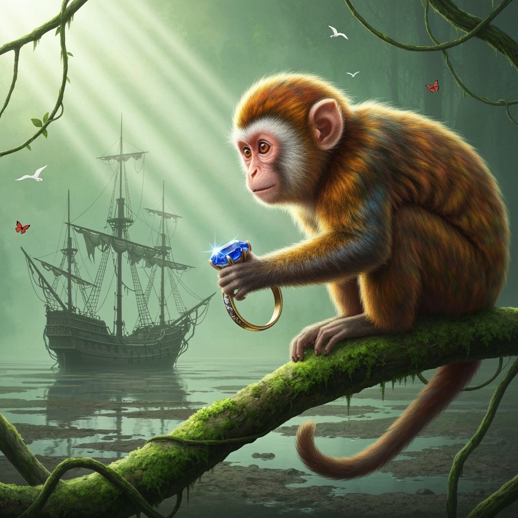 Monkey with Sapphire Ring in Misty Rainforest