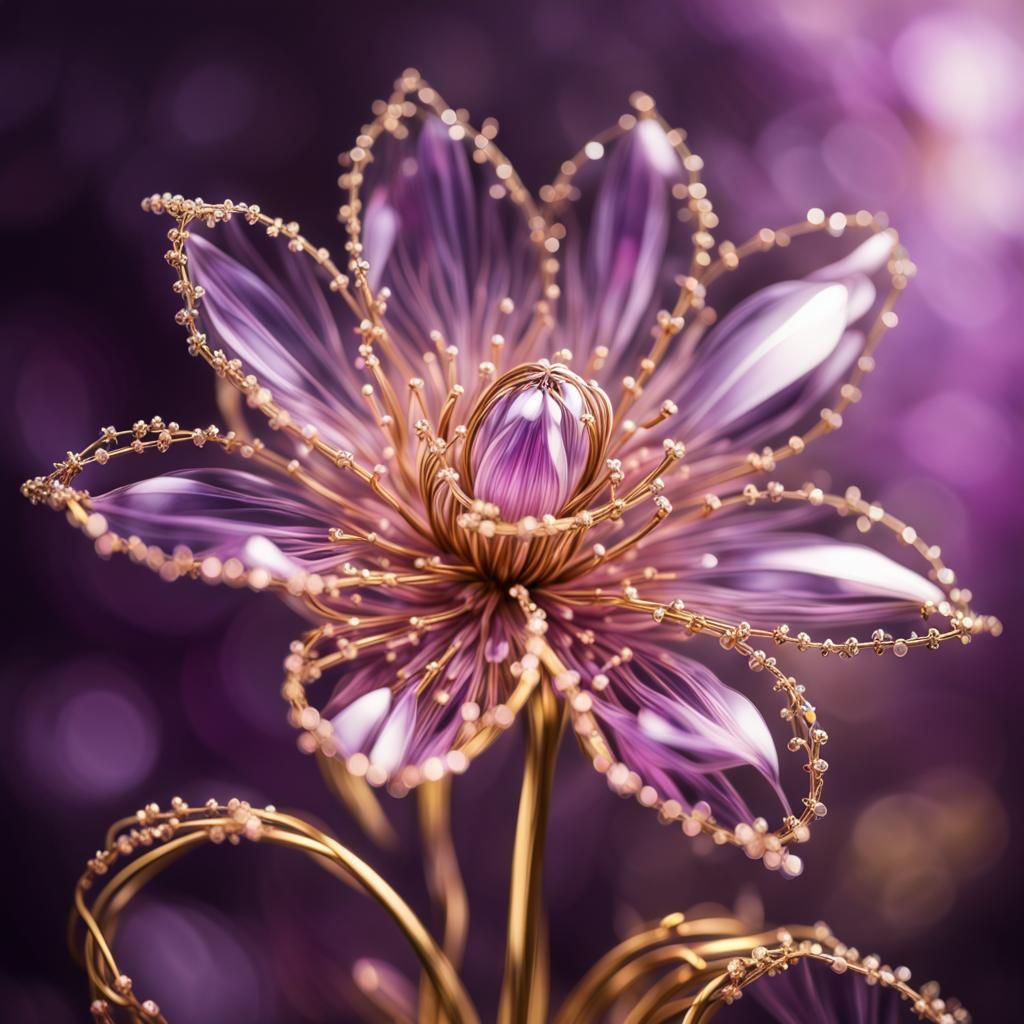 Luminous Mauve Crystal Flower with Gold Trim