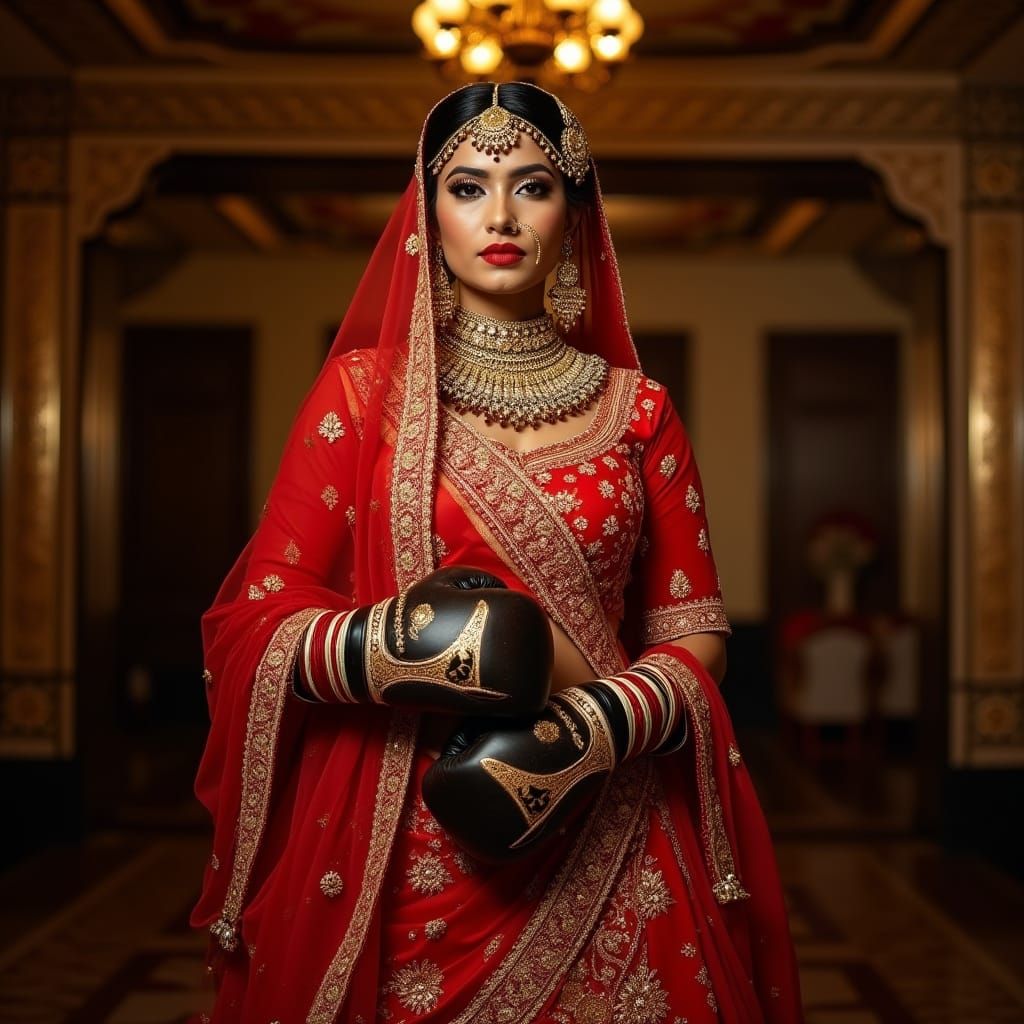 Indian Bride in Traditional Attire Wears Boxing Gloves