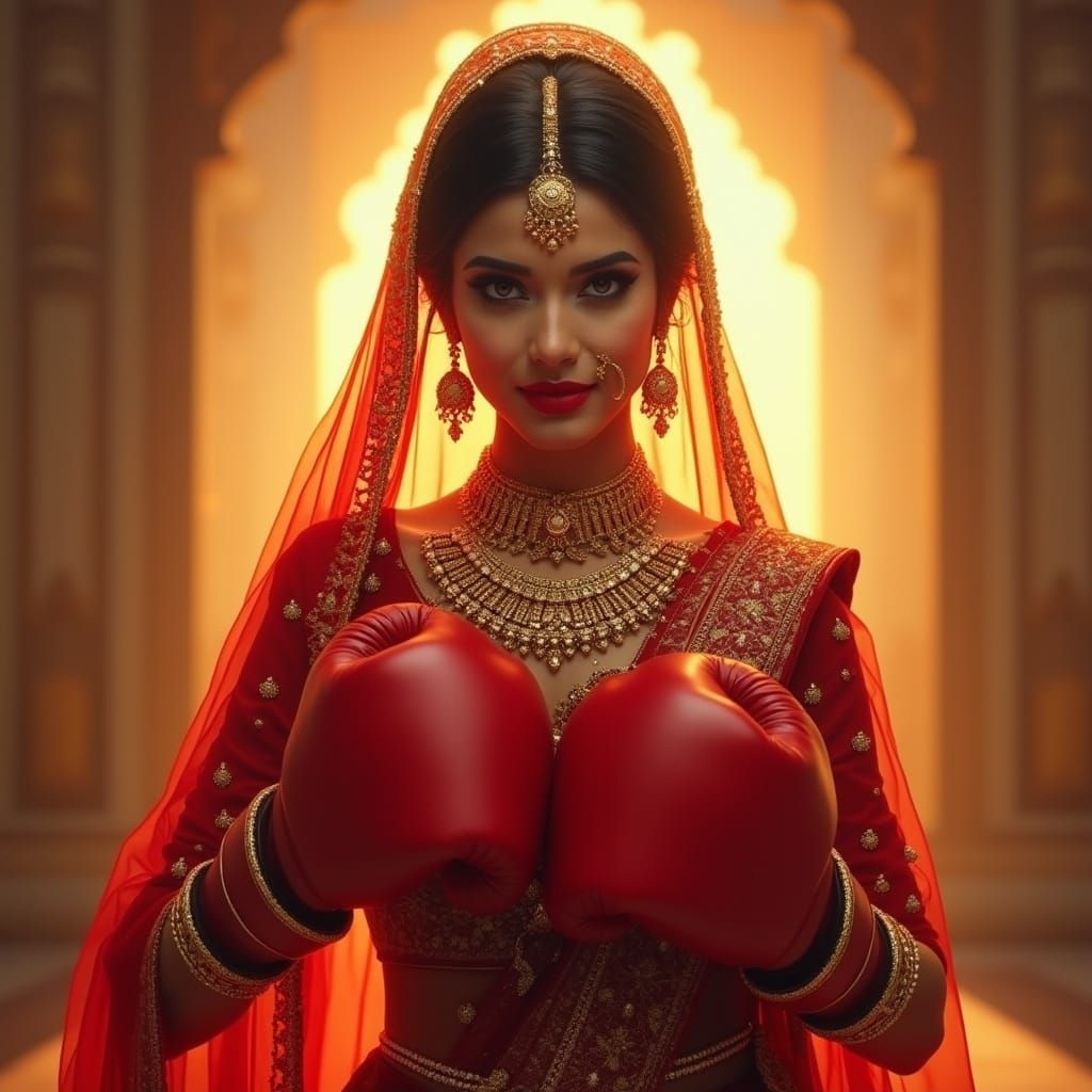Indian Bride in Red Boxing Gloves at Golden Hour